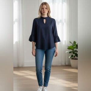 Meraki Navy V Neck Blouse with Ruffled Sleeves and Keyhole Back M